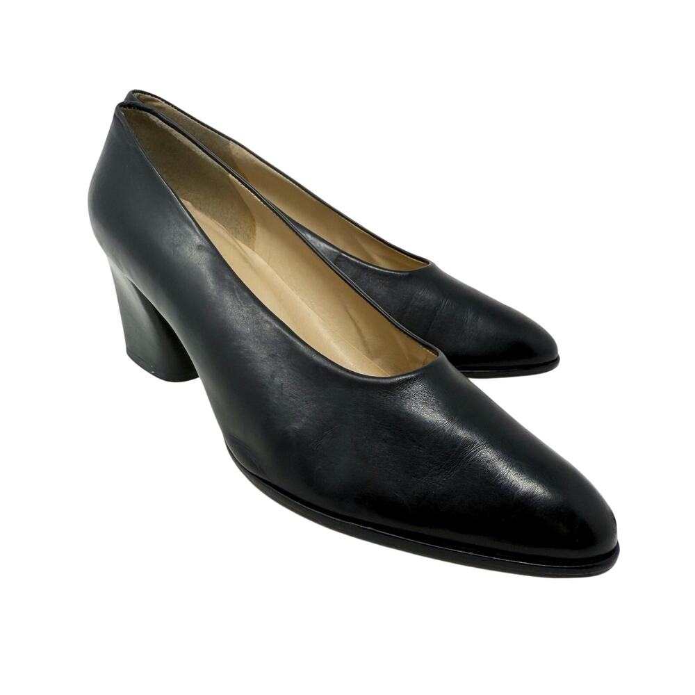 Vintage 90s Enzo Angiolini Black Leather Chunky Heel Pumps Women's Size 9.5 EUC